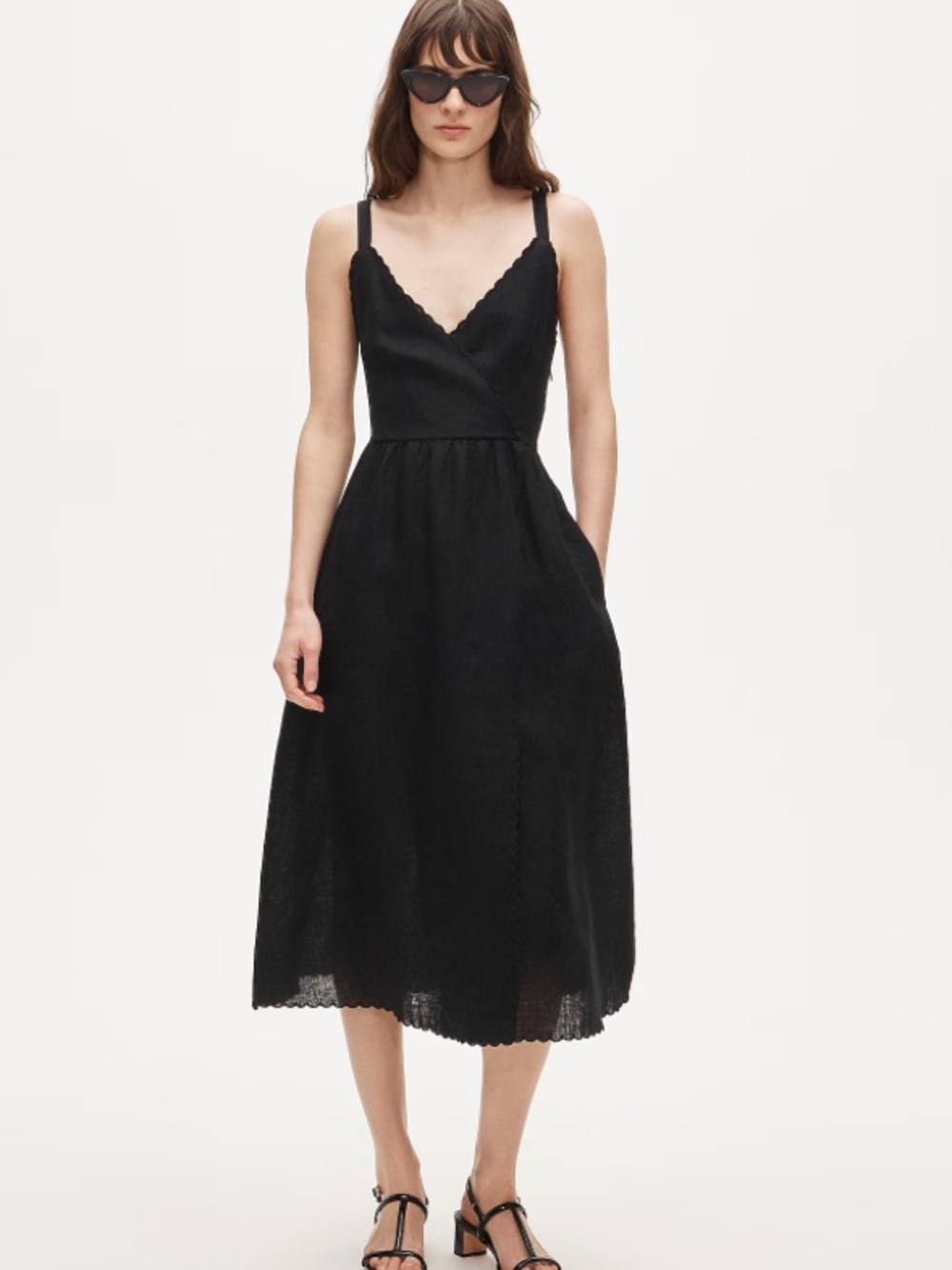 NWT J. Crew Black Linen Faux Wrap Scallop Hem V - Neck Midi Dress Size 6